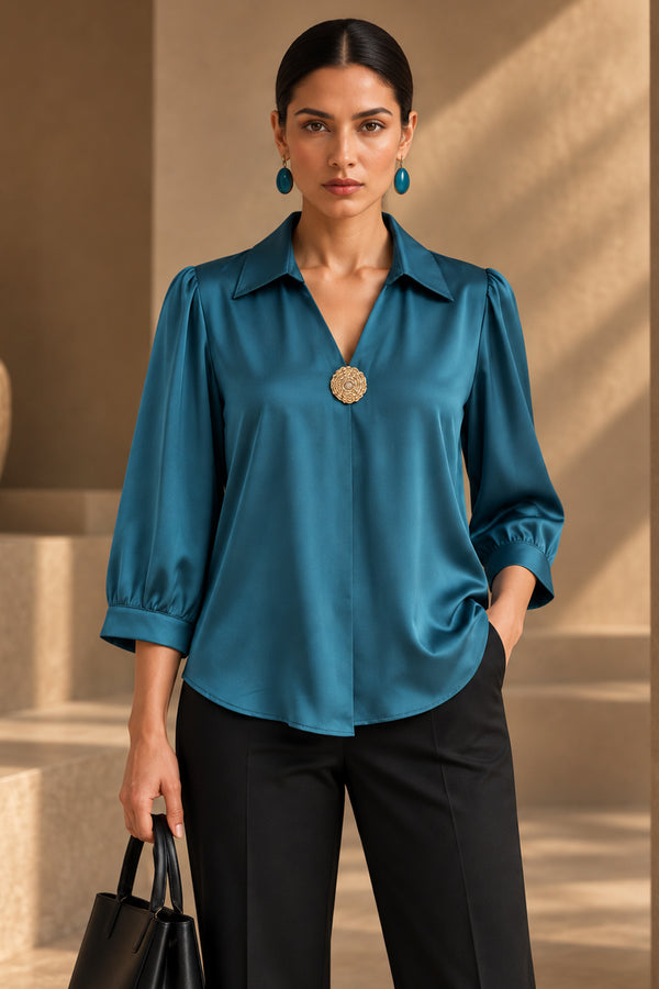 Blue Soft Satin Statement Brooch Shirt Top