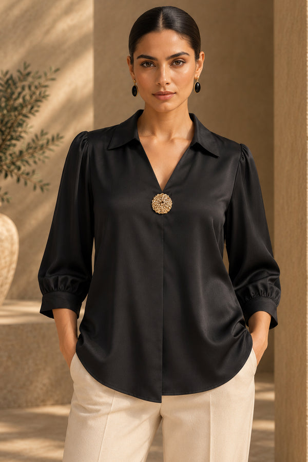Black Soft Satin Statement Brooch Shirt Top