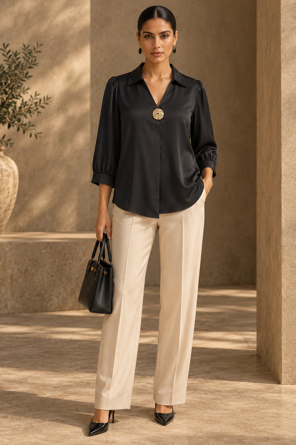 Black Soft Satin Statement Brooch Shirt Top