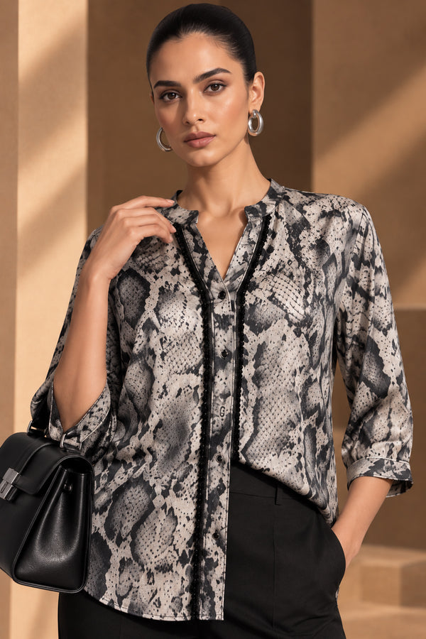 Grey Snake Print Silk Chiffon Handwork Lace Shirt Top
