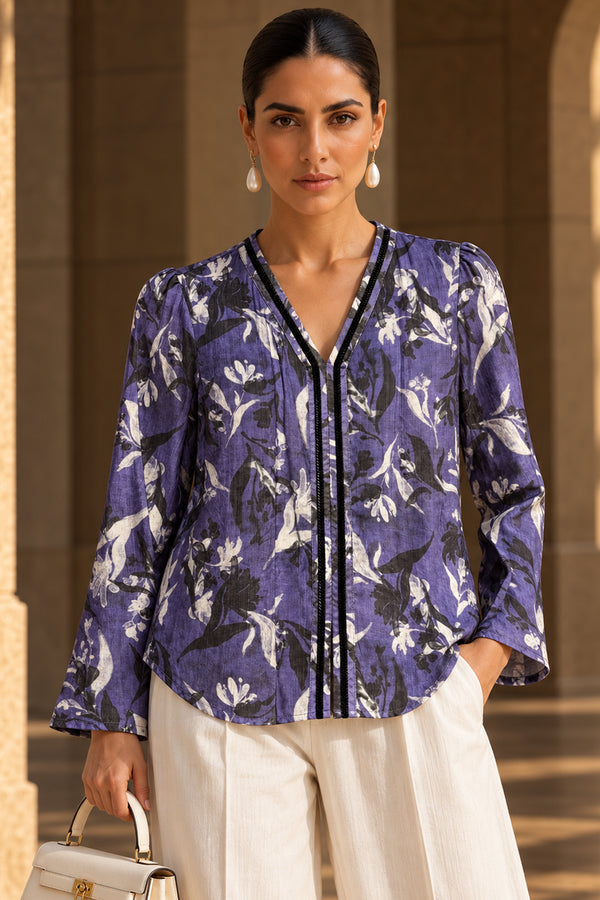 Purple Violet Floral Satin Silk Handwork Top