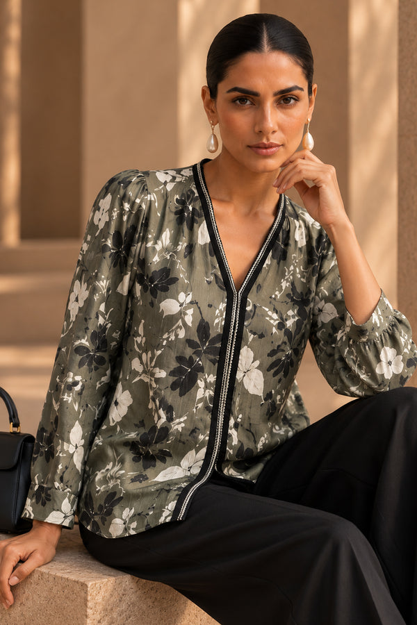 Green Floral Satin Silk Handwork Top