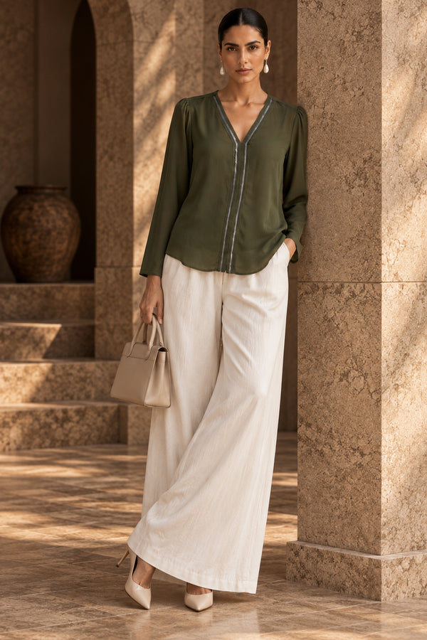Olive Green Embellished Georgette V-Neck Handwork Top