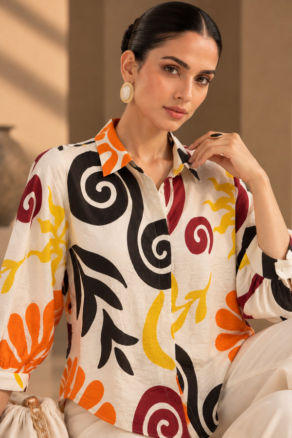 Cream Multicolor Abstract Print Cotton Satin Shirt Top