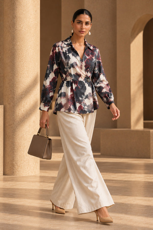 Abstract Print Dull Satin Blazer Wrap Top