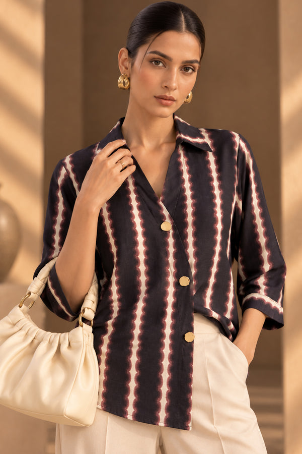 Noir Wave Printed Cotton Silk Tussar Blazer-Inspired Top for Women