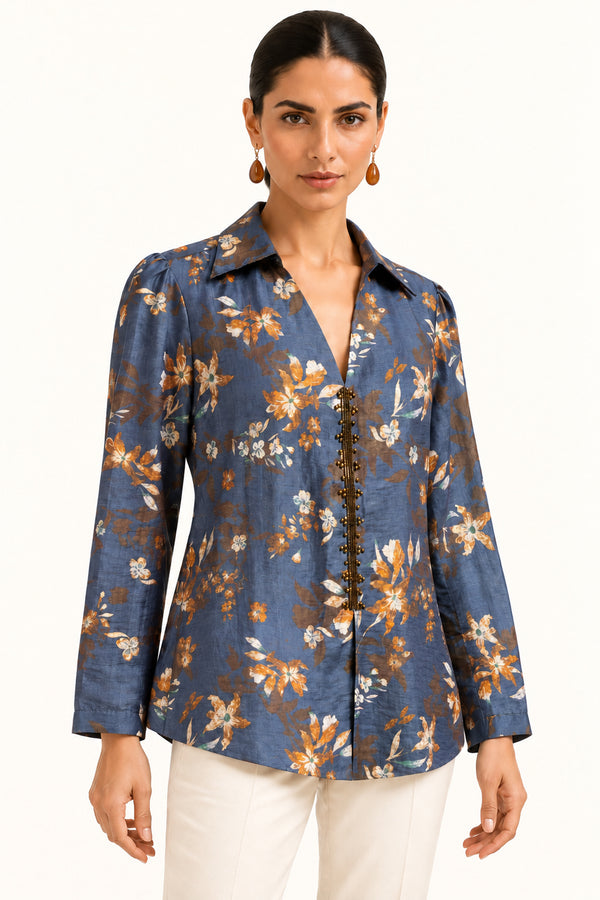 Blue Floral Printed Silk-Blend Cotton Top with Handwork