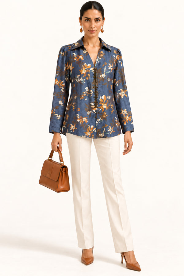 Blue Floral Printed Silk-Blend Cotton Top with Handwork