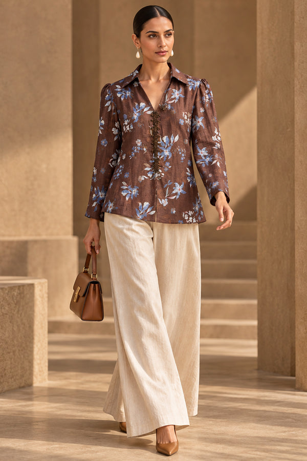 Brown Floral Print Silk Linen Blend Handwork Shirt Top