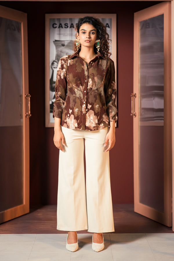 Brown Floral Textured Pleated Beadwork Statement Shirt for Women