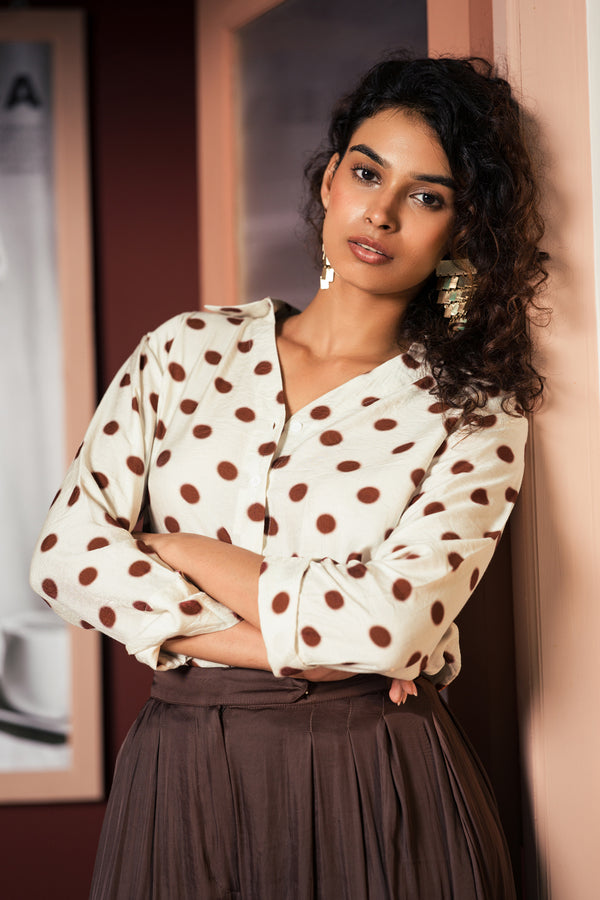 Cream Brown Polka Dot Shimmer Cotton Silk Shirt for Women
