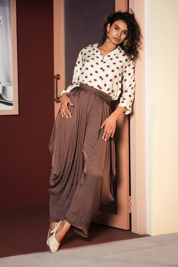 Cream Brown Polka Dot Shimmer Cotton Silk Shirt for Women