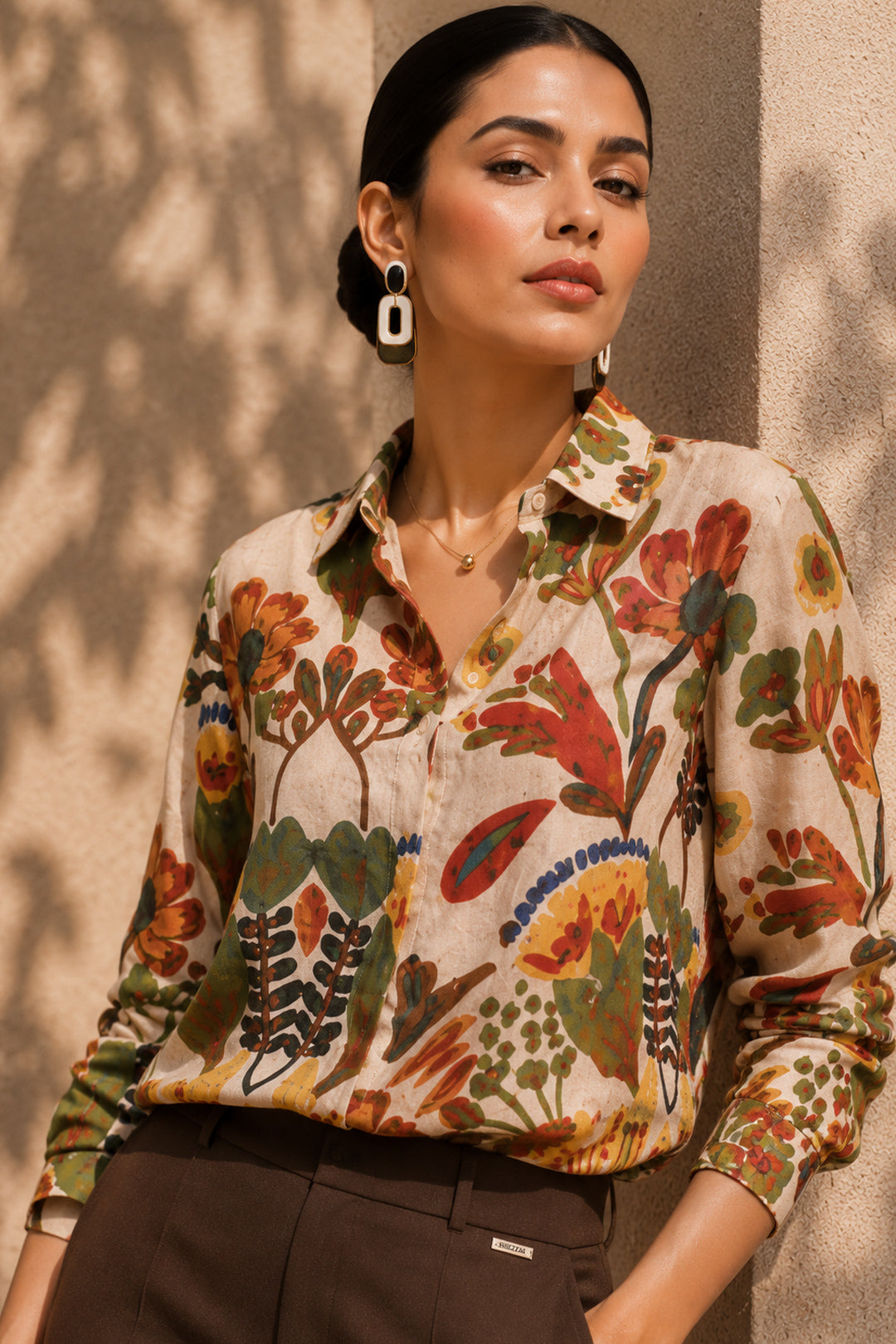 Ivory Multi-Color Cotton Linen Blend Printed Shirt Top | Artistic Floral Resort Wear Shirt