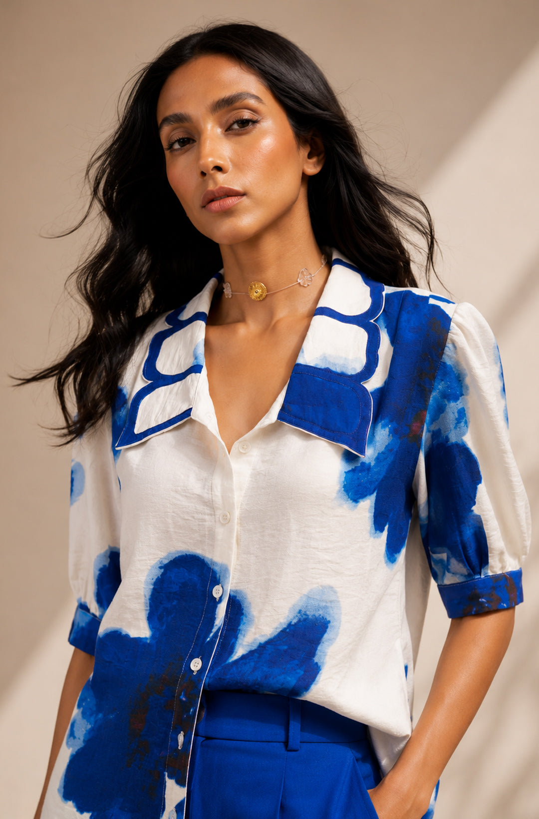 Blue Linen Cotton Blend Statement Collar Embroidered Printed Shirt Top | Resort & Brunch Wear Top