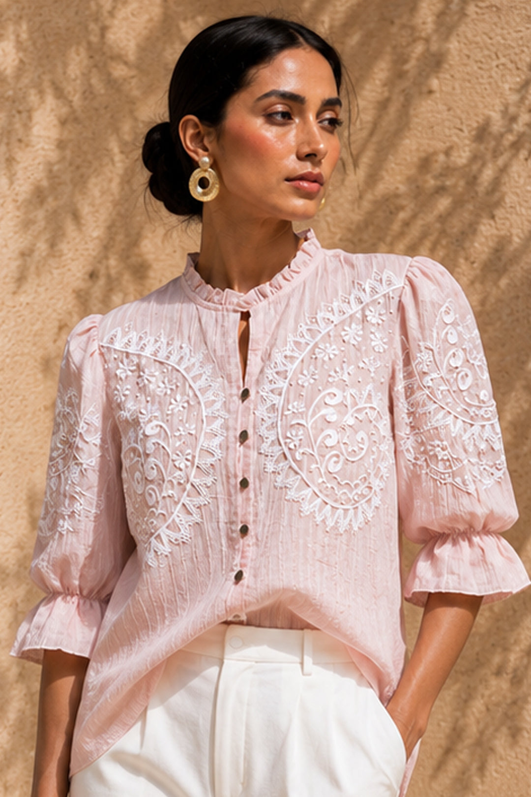 Pink Peach Cotton Silk Chiffon Shirt Top with White Premium Embroidery | Elegant Formal & Brunch Wear