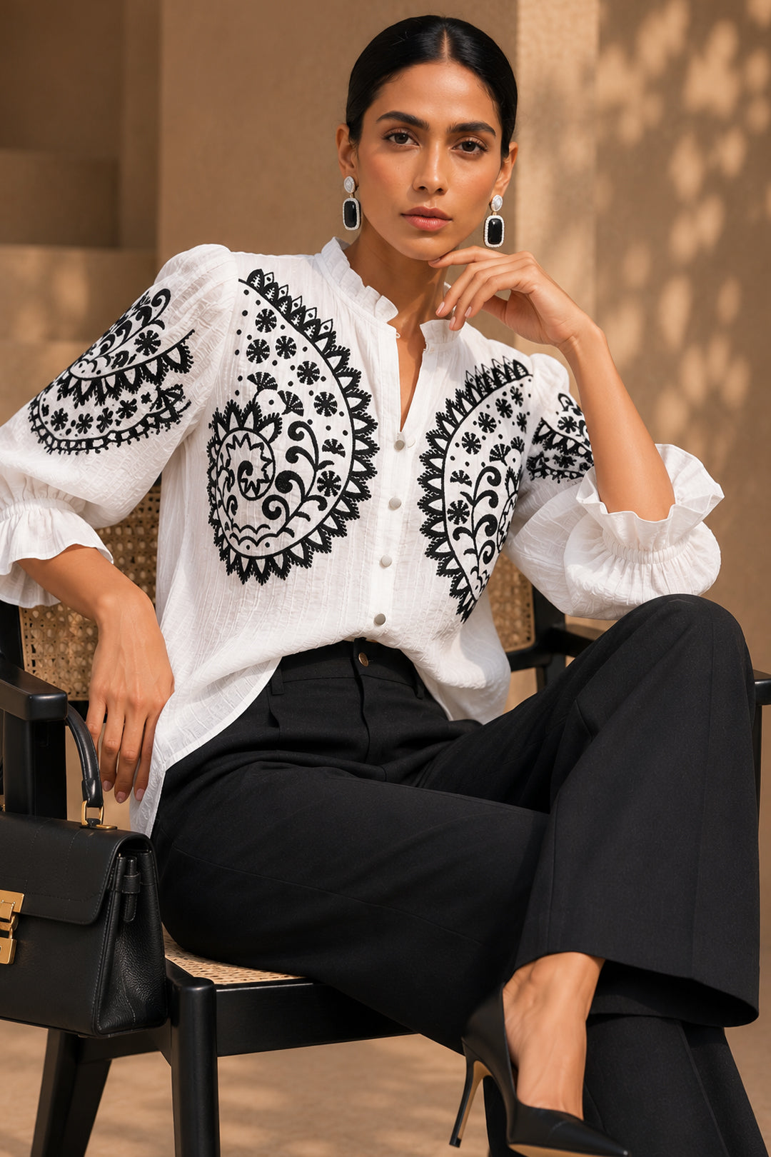 White Cotton Silk Chiffon Shirt Top with Black Premium Embroidery | Elegant Formal & Brunch Wear