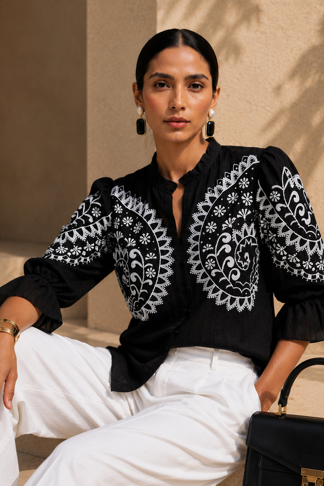 Black Cotton Silk Chiffon Shirt Top with White Premium Embroidery | Elegant Formal & Evening Wear