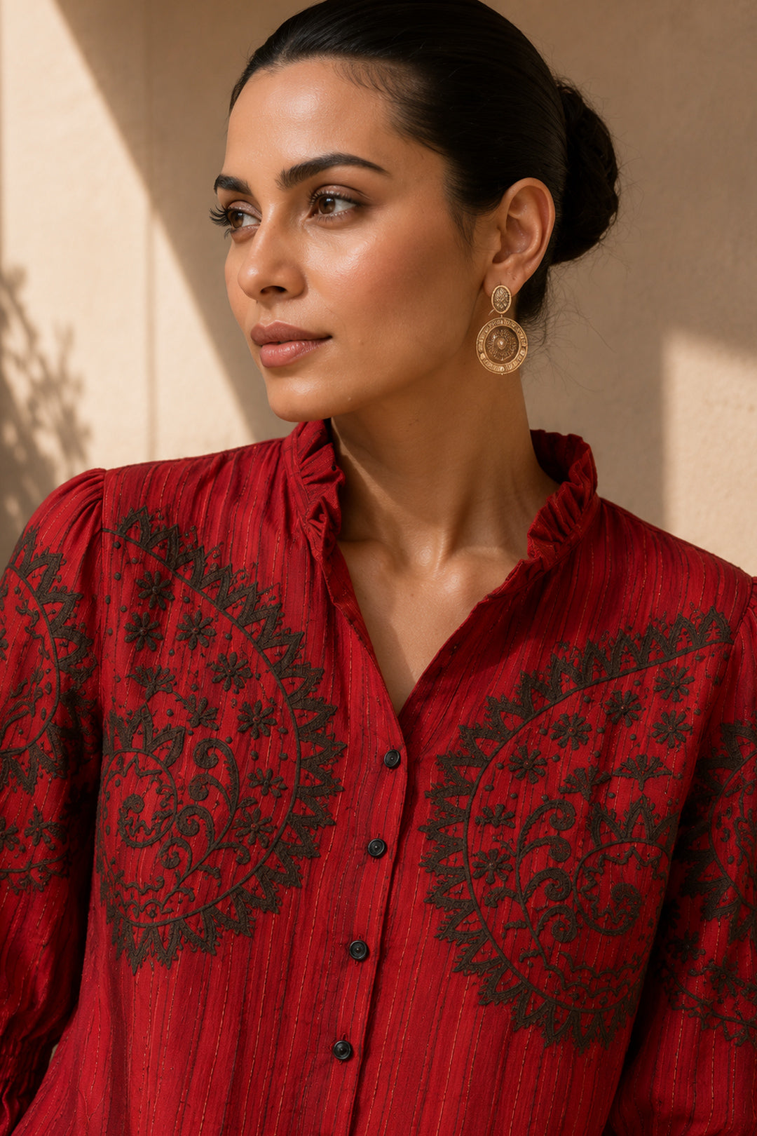 Red Cotton Silk Chiffon Shirt Top with Black Premium Embroidery for Women | Elegant Formal & Brunch Wear
