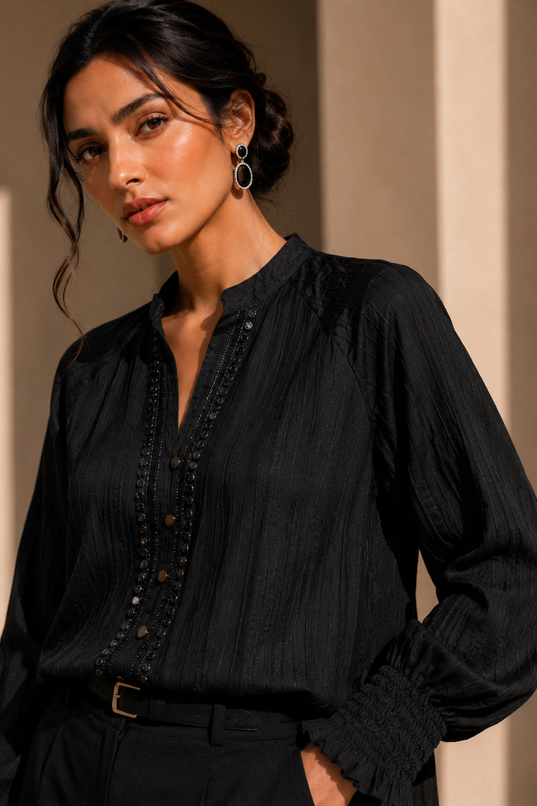 Black Premium Cotton Chiffon Formal Top with Royal Lace Embellishment | Elegant Party & Evening Wear
