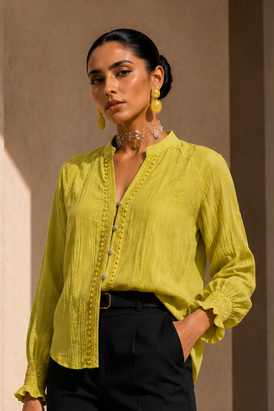 Lime Premium Cotton Chiffon Formal Top with Royal Lace Embellishment | Elegant Party & Occasion Wear