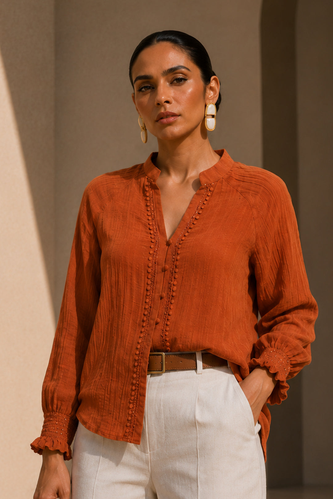 Rust Premium Cotton Chiffon Formal Top with Royal Lace Embellishment | Elegant Party & Evening Wear