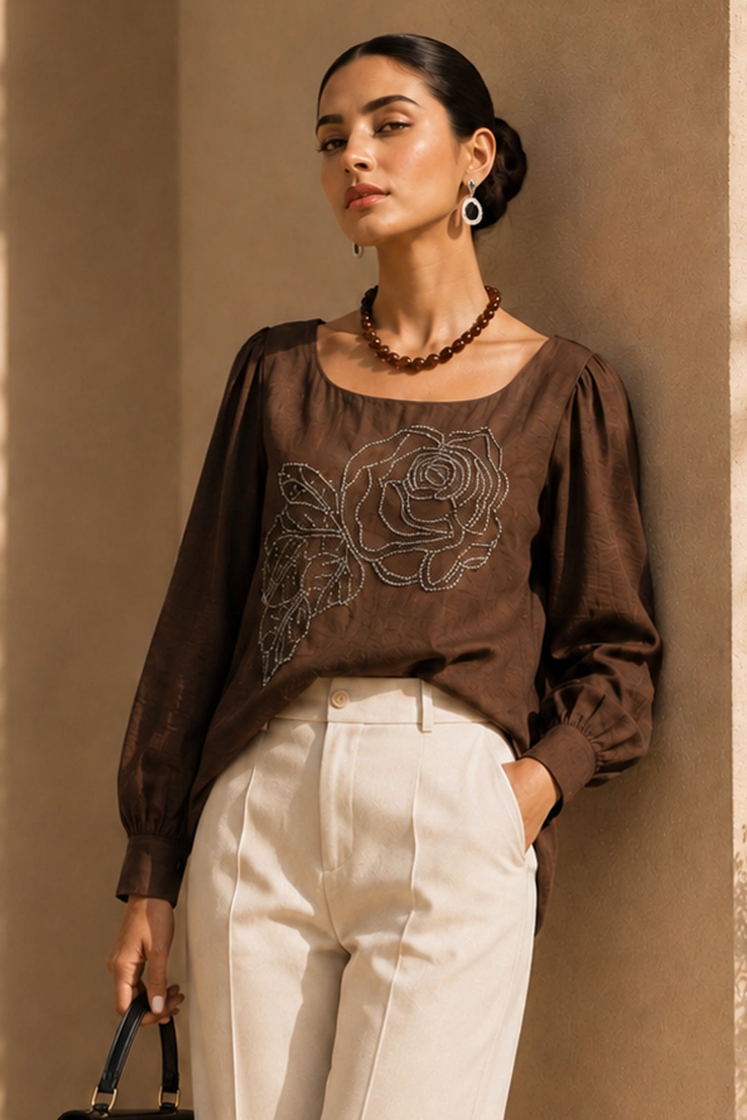Brown Rose Handwork Linen Blend Designer Top