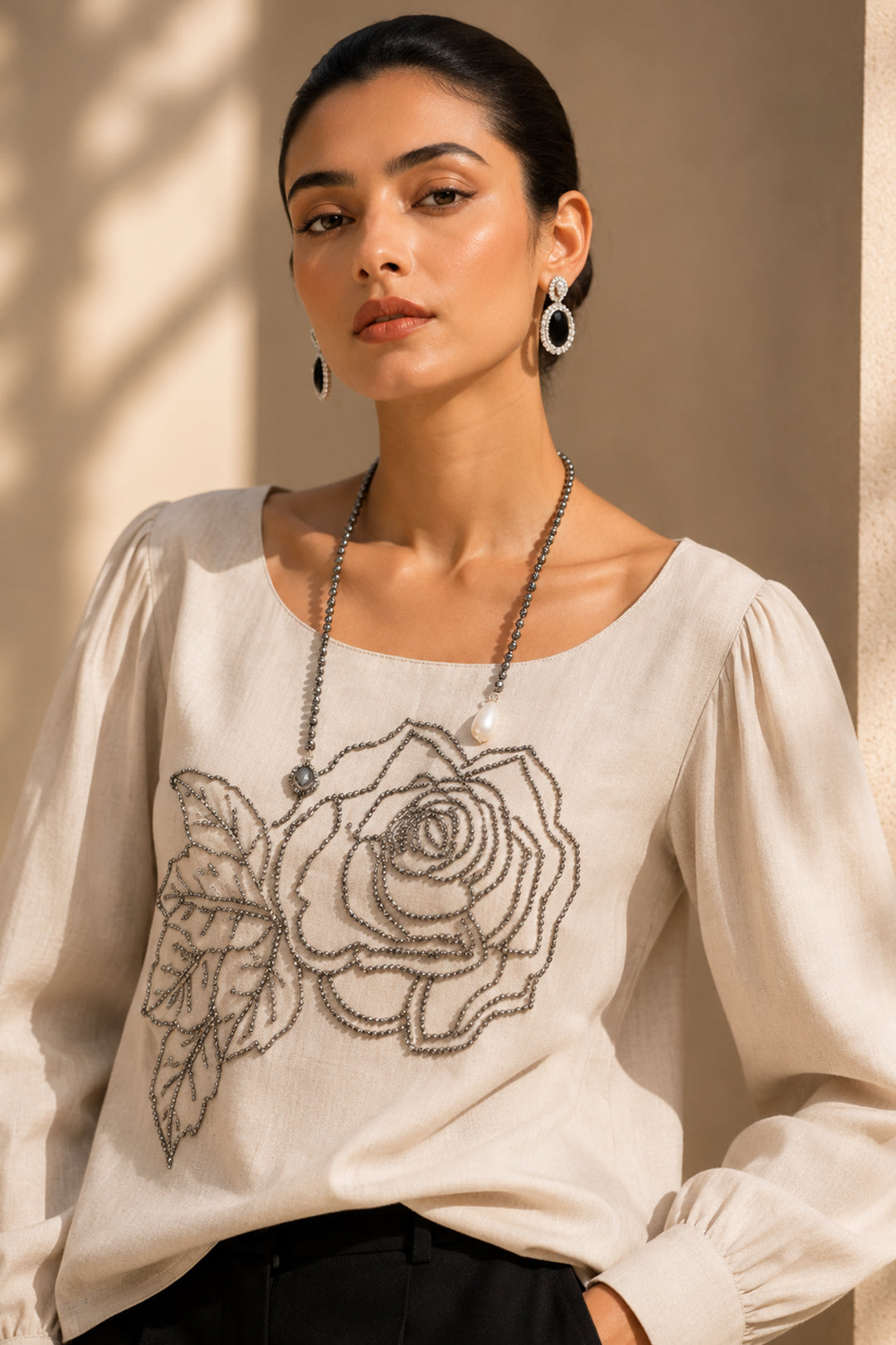 Champagne Beige Rose Handwork Linen Blend Top for Women