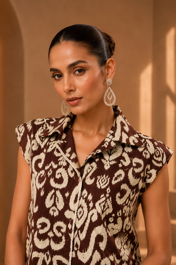 Brown Printed Cotton Mul Blend Shirt Top with Stone Work - Resort & Day Wear