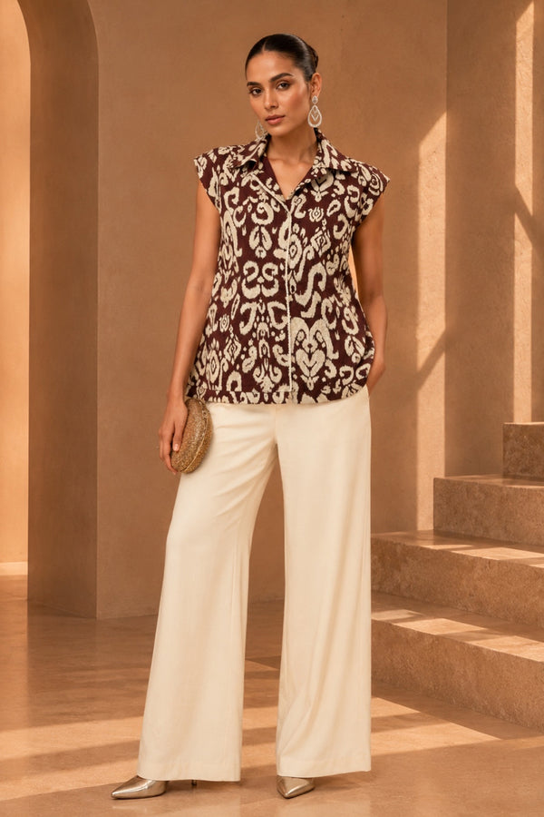 Brown Printed Cotton Mul Blend Shirt Top with Stone Work - Resort & Day Wear