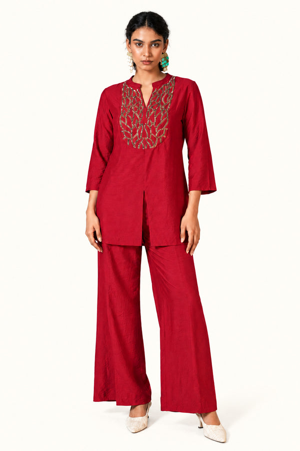 Red Silk-Cotton Tussar Handwork Co-ord Set for Women
