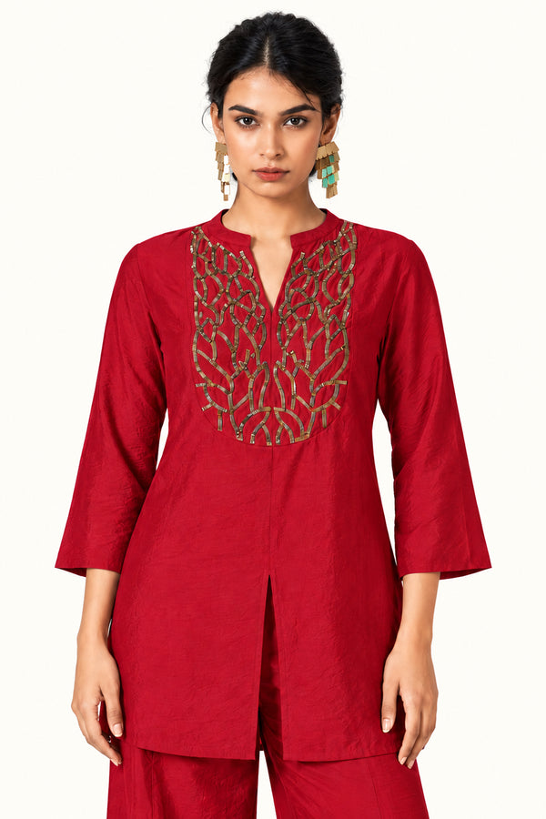 Red Silk-Cotton Tussar Handwork Co-ord Set for Women