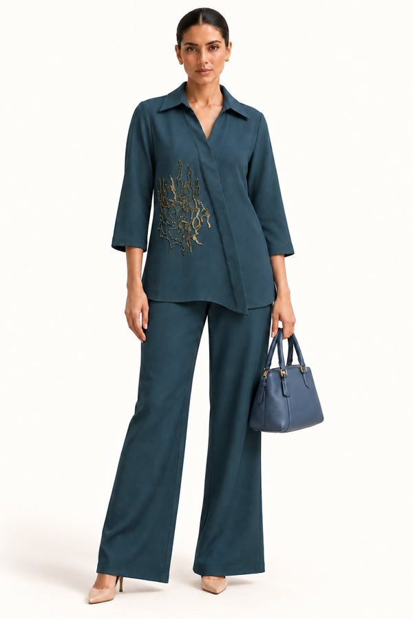 Steel Blue Handwork Tweed Co-ord Set