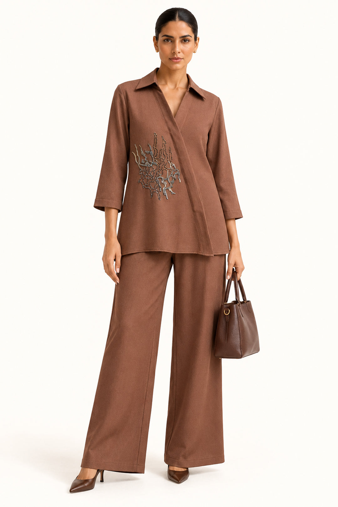 Mocha Brown Handwork Tweed Blazer-Style Co-ord Set for Women