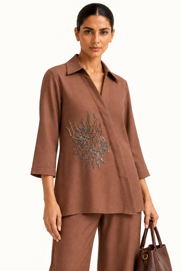 Mocha Brown Handwork Tweed Blazer-Style Co-ord Set for Women