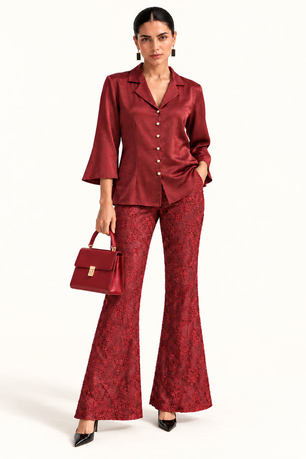 Maroon Satin & Floral Lace Co-ord Set