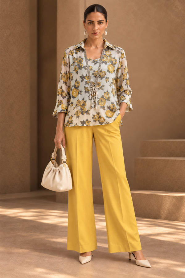 Ivory Mustard Floral Georgette Chiffon Three-Piece Co-ord Set for Women