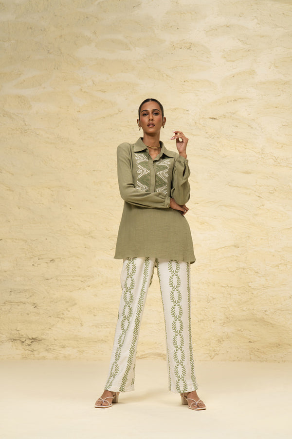 Green & White Embroidered Linen Co-ord Set for Brunch and Party Wear