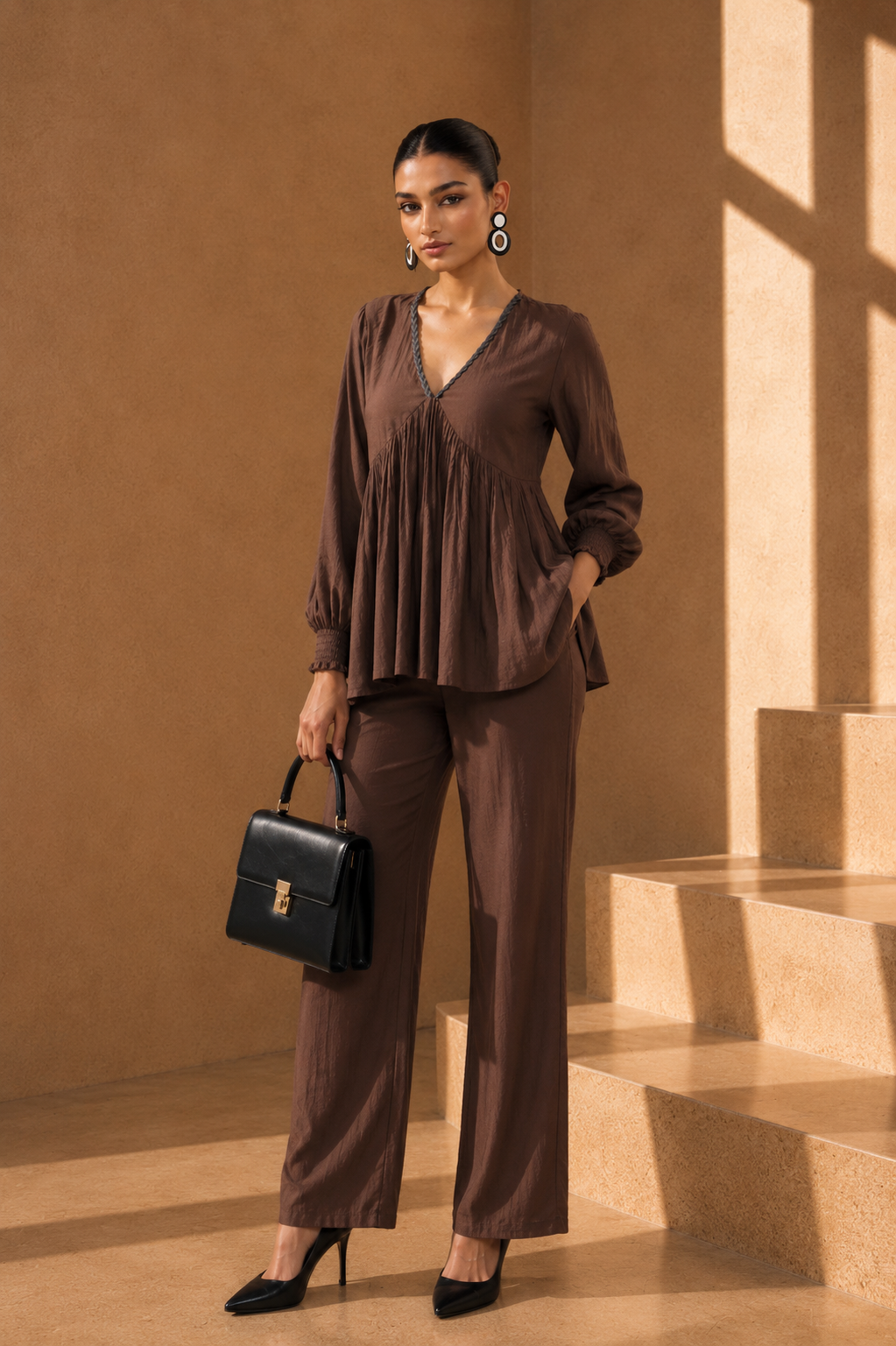 Brown Formal Co-Ord Set with Lace Detailing & V-Neck Top