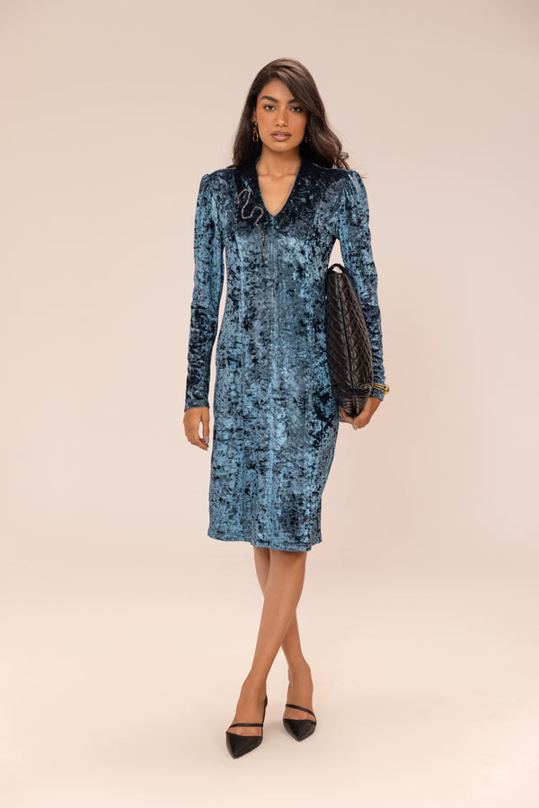 Turquoise Blue Velvet Dress – Knee-Length Silhouette with Silver Hand Embroidery