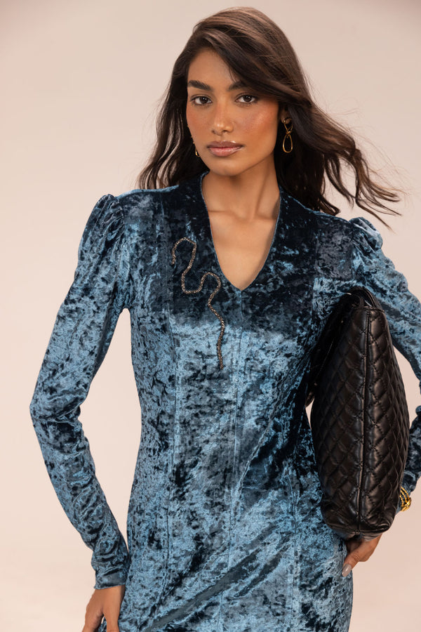 Turquoise Blue Velvet Dress – Knee-Length Silhouette with Silver Hand Embroidery
