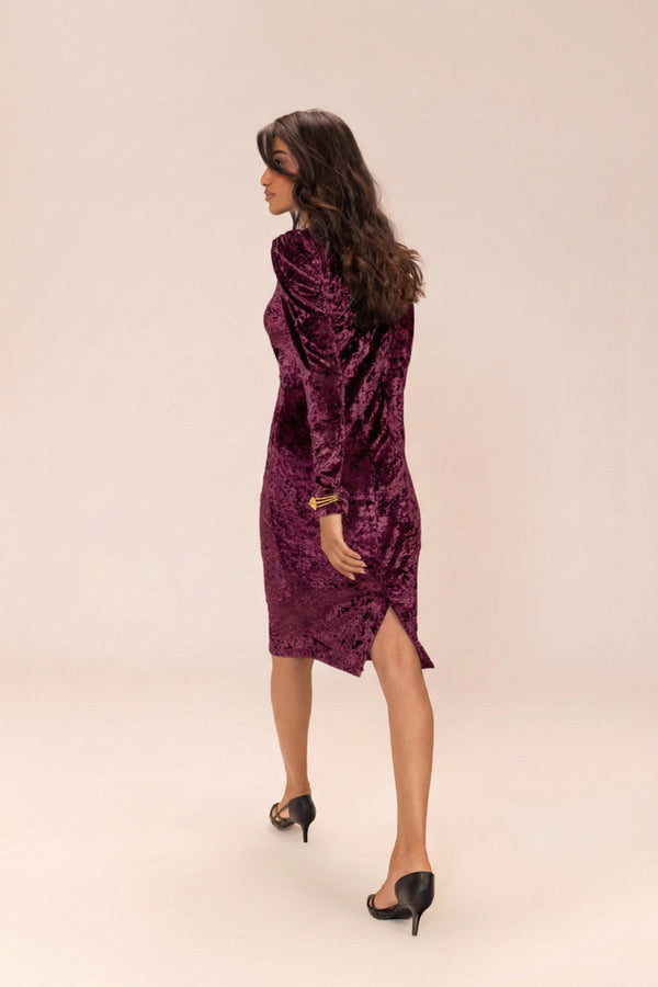 Wine Velvet Dress – Knee-Length Silhouette with Silver Hand Embroidery