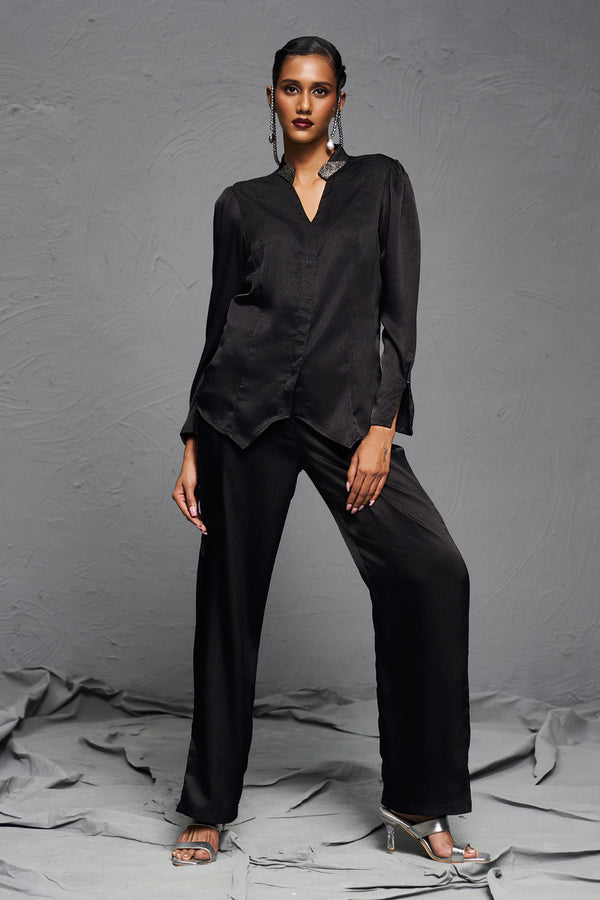 Black Luxury Satin Co-ord Set with Handwork Stand Collar for Party Wear