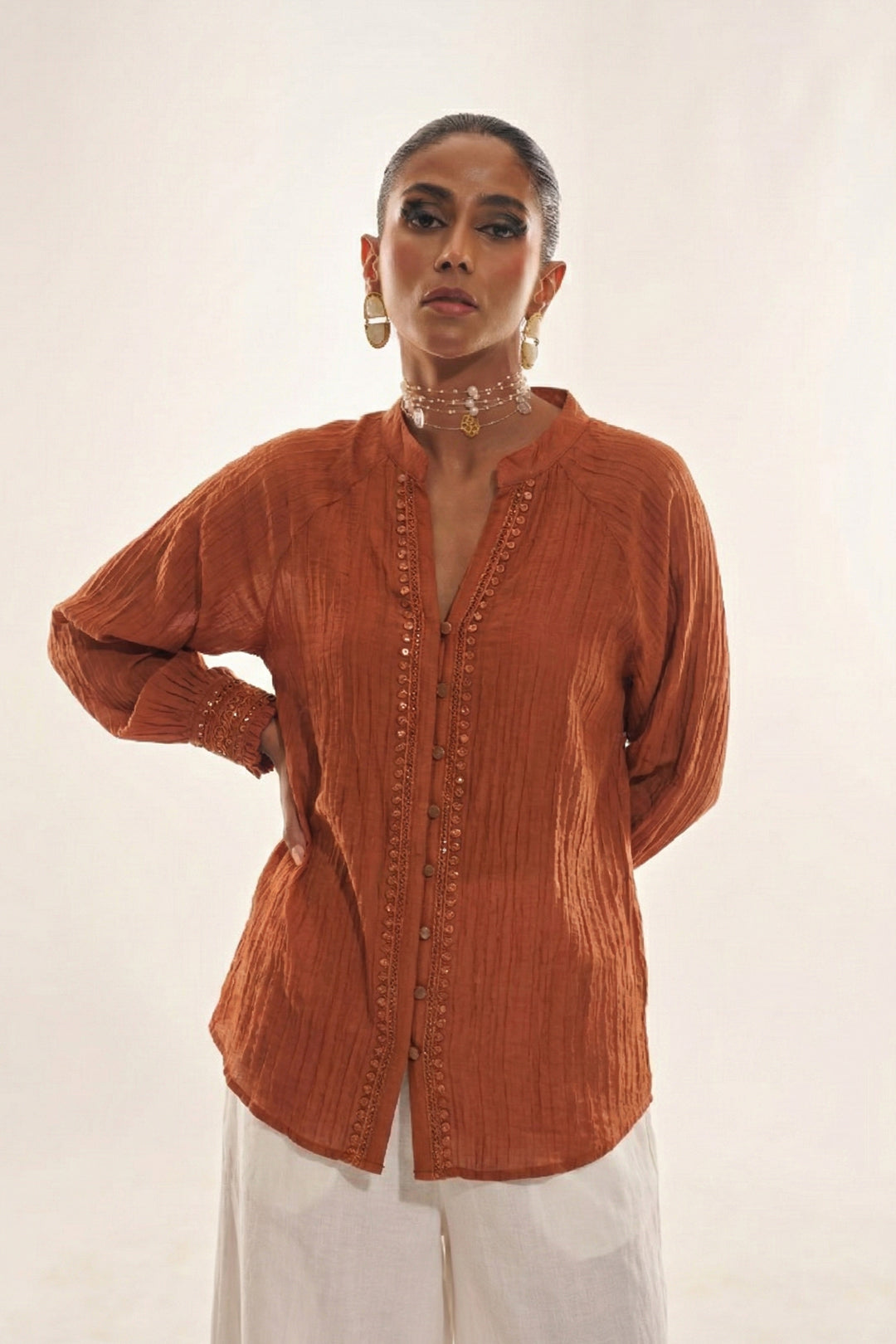 Rust Elegant Formal Party Wear Top with Royal Lace Embroidery