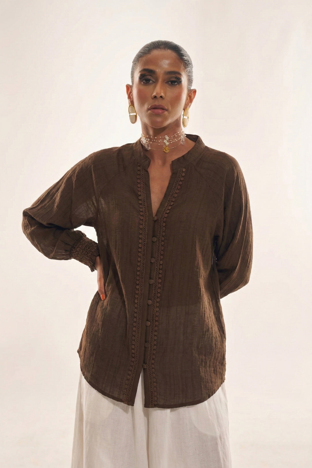 Brown Elegant Formal Party Wear Top with Royal Lace Embroidery