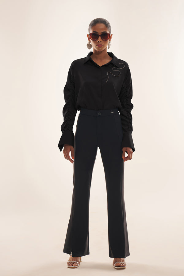 Elegant Black Party Wear Top with Silver Handwork & Smocked Sleeves