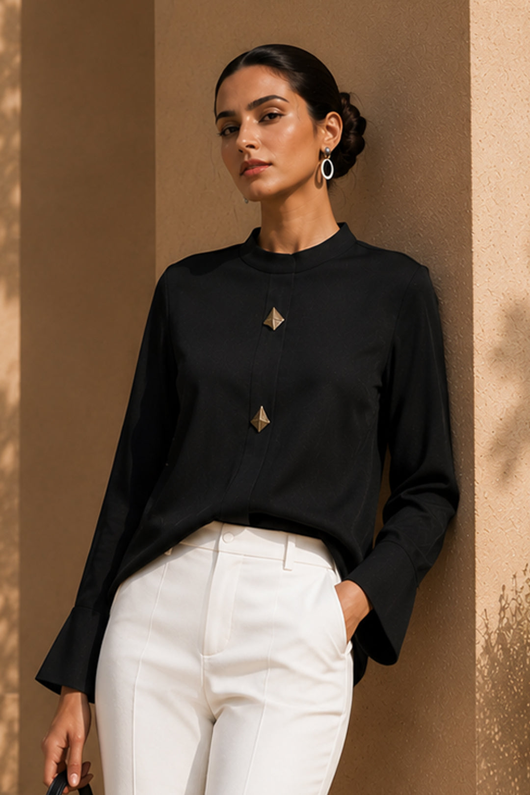Black Premium Satin Stand Collar Top for Formal & Party Wear