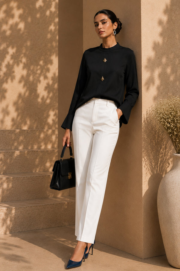 Black Premium Satin Stand Collar Top for Formal & Party Wear