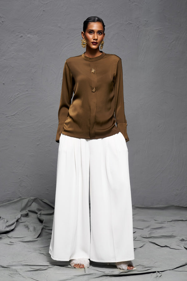 Brown Premium Satin Stand Collar Top for Formal & Party Wear