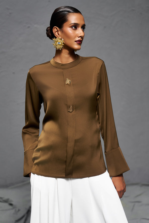 Brown Premium Satin Stand Collar Top for Formal & Party Wear