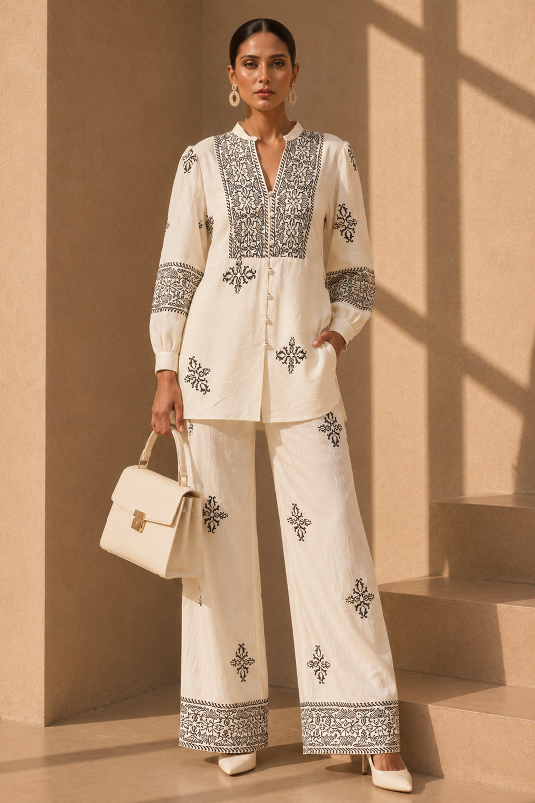 White Party Fusion Wear Linen Co-ord Set with Intricate Embroidery & Sequin Work